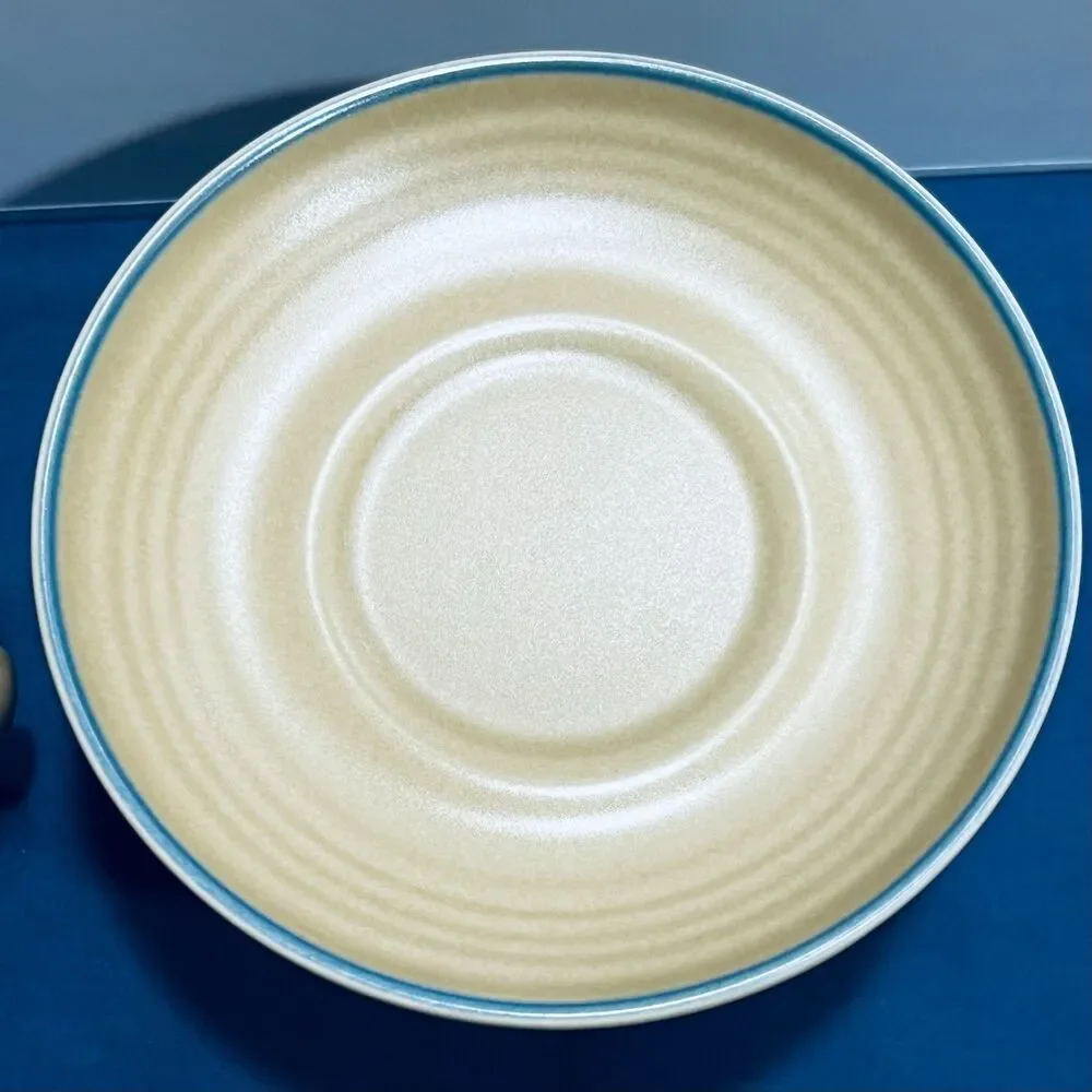 Set of 2 Vintage Pfaltzgraff Folk Art Flat Cup and Saucer Tan Stoneware Blue Flo